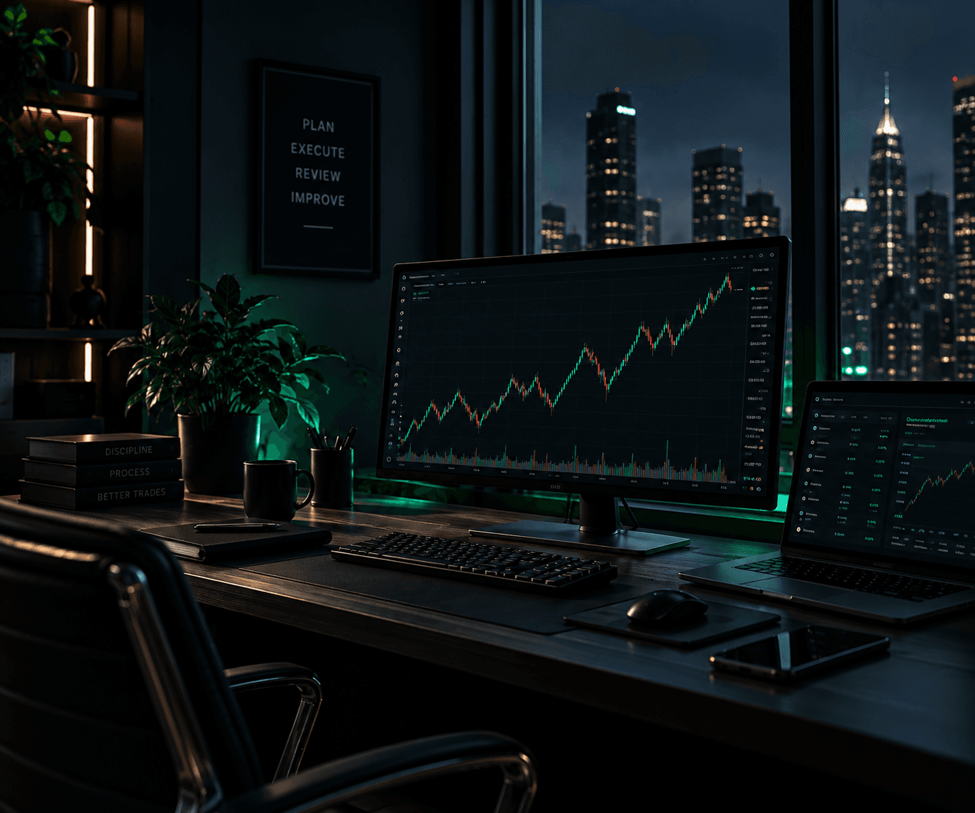 Trading desk with market charts